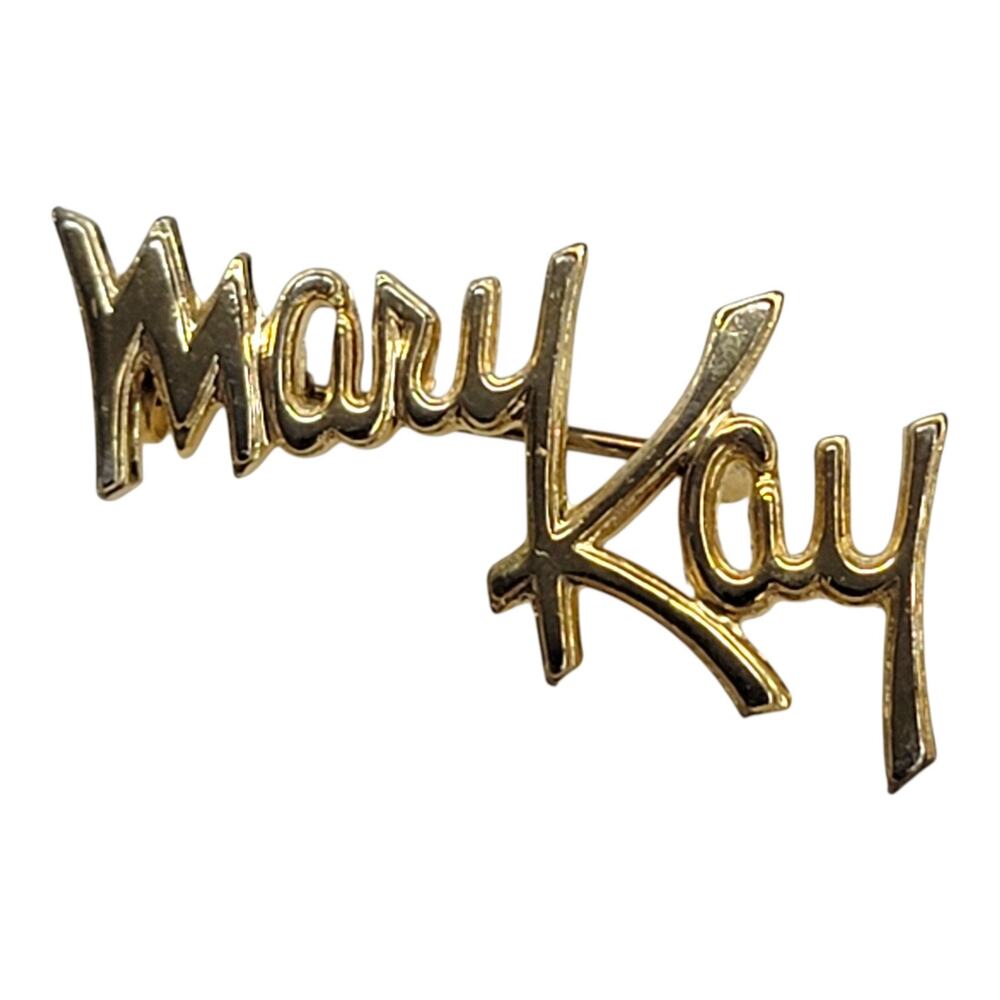 Vintage Mary Kay Script Logo Brooch Gold Tone Consultant Lapel Pin Badge MK